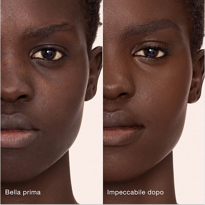 Airbrush Flawless Concealer - 16 Deep modella prima e dopo Confronto affiancato che mostra la pelle prima e dopo aver applicato il correttore Airbrush Flawless di Charlotte Tilbury, con le etichette di testo "Bella prima" e "Impeccabile dopo".