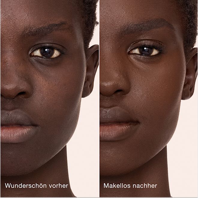 Airbrush Flawless Concealer − 16 Deep – vorher und nachher Ein direkter Vergleich zeigt die Haut vor und nach dem Auftragen des Charlotte Tilbury Airbrush Flawless Concealers mit den Beschriftungen „Wunderschön vorher“ und „Makellos nachher“.