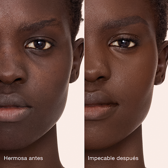 Antes y después de usar Airbrush Flawless Concealer en el tono 16 Deep Comparación paralela que muestra la piel antes y después de aplicar el corrector Charlotte Tilbury Airbrush Flawless Concealer con las etiquetas de texto "Preciosa antes", "Impecable después".