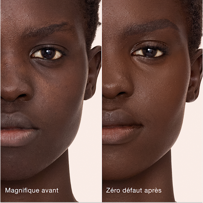 Avant/après Airbrush Flawless Concealer - 16 Deep (Foncé) Comparaison côte à côte de la peau avant et après l'application de l'Airbrush Flawless Concealer de Charlotte Tilbury, avec les étiquettes de texte « Magnifique avant » et « Zéro défaut après ».