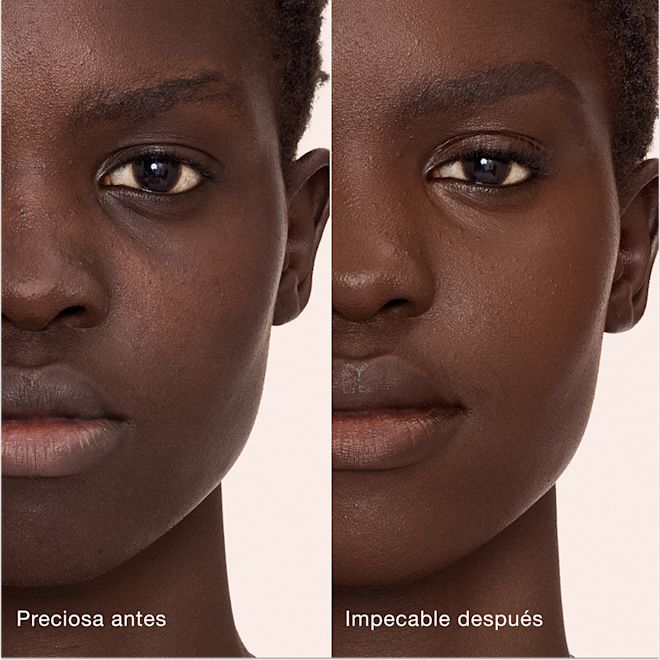 Antes y después de usar Airbrush Flawless Concealer en el tono 16 Deep Comparación paralela que muestra la piel antes y después de aplicar el corrector Charlotte Tilbury Airbrush Flawless Concealer con las etiquetas de texto «Preciosa antes» y «Perfecta después».