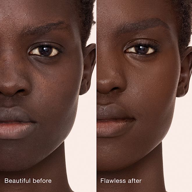 Airbrush Flawless Concealer - 16 Deep before and after Side-by-side comparison showing skin before and after applying Charlotte Tilbury Airbrush Flawless Concealer, with text labels 'Beautiful before' and 'Flawless after'.