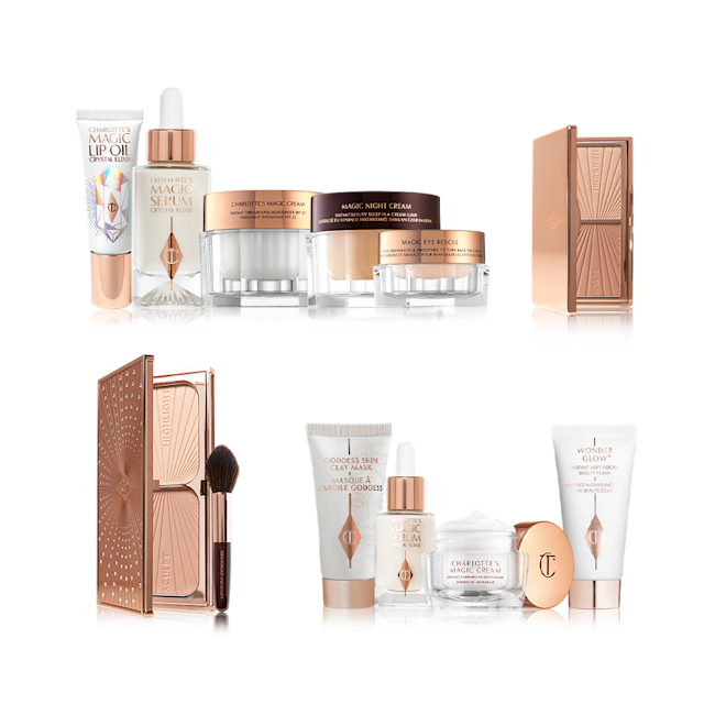 Charlotte's Complete Magic Holiday Collection Lip oil in a white and gold-coloured tube, luminous face serum in a glass bottle, face creams and eye creams in glass jars with sleek lids, duo face contour palettes with mirrored lids, glowy primers in white and gold-coloured tubes, and clay mask in white and gold-coloured tube.