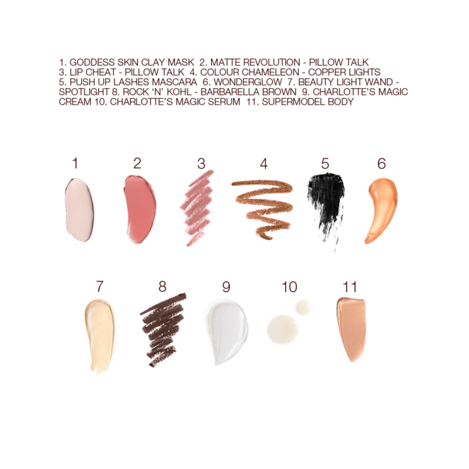 Charlotte's Bejewelled Chest of Beauty Treasures swatches Swatches of a clay mask, nude pink matte lipstick, nude pink lip liner, eyeliner pencil in dark copper, black-coloured mascara, copper-gold liquid primer, champagne-coloured liquid highlighter, dark brown eyeliner pencil, pearly-white face cream, luminous ivory-coloured serum, and bronze-coloured body highlighter.