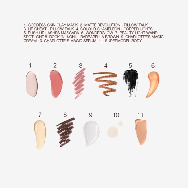 Charlotte's Bejewelled Chest of Beauty Treasures swatches Swatches of a clay mask, nude pink matte lipstick, nude pink lip liner, eyeliner pencil in dark copper, black-coloured mascara, copper-gold liquid primer, champagne-coloured liquid highlighter, dark brown eyeliner pencil, pearly-white face cream, luminous ivory-coloured serum, and bronze-coloured body highlighter.