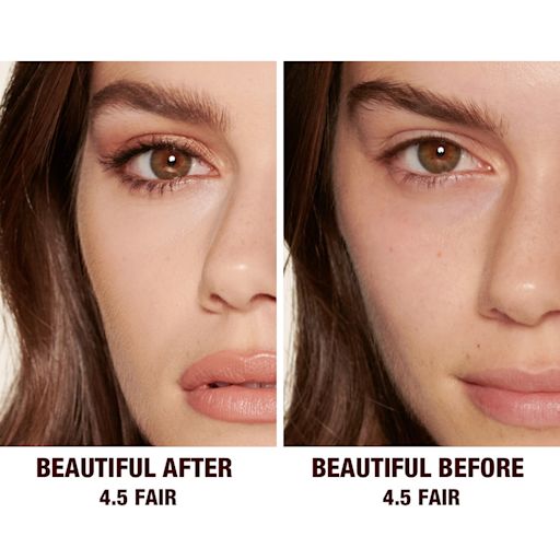 Beautiful Skin concealer in 4.5 on fair-tone model before and after Before and after of a fair-tone model without any makeup in the before shot and then wearing a radiant, concealer that brightens, covers blemishes, and makes her skin look fresh along with nude lip gloss and subtle eye makeup.