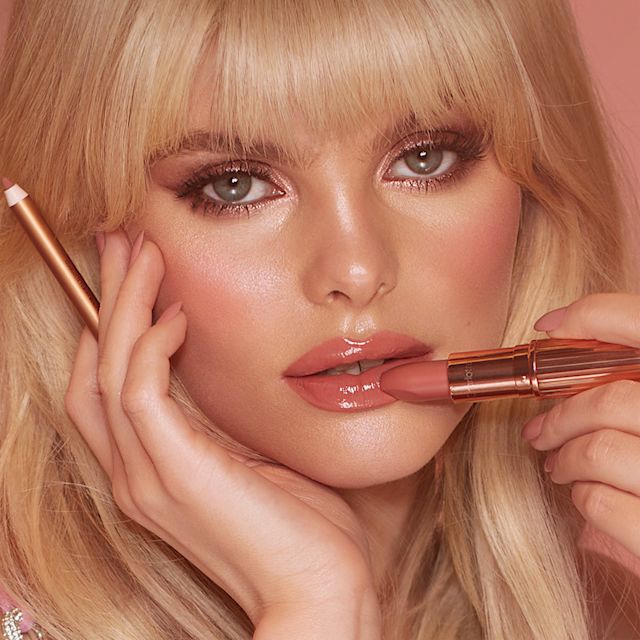 Pink Nude Lipstick model shot Meg wearing Pillow Talk Original pink nude lipstick