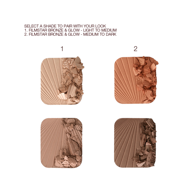 Filmstar Bronze and Glow swatches Swatches of two, glowy, duo powder contour palettes for light to medium skin tones and for medium to dark skin tones.