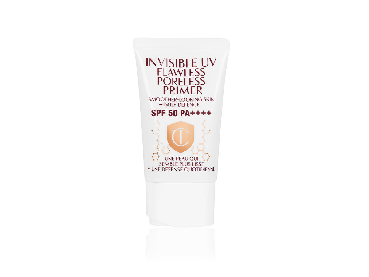 Invisible UV Flawless Poreless Primer closed A primer in a white-coloured tube with a white-coloured lid with text on it that reads, 'invisible UV Flawless poreless primer SPF 50 PA++++'.