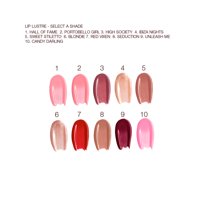 Lip Lustre collection swatches Swatches of six, high-shine lip glosses in bright pink, nude pink, muted wine, shimmery champagne-gold, vibrant red, and nude brown.