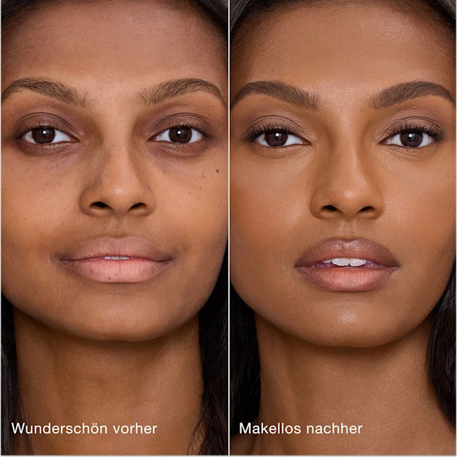 Airbrush Flawless Concealer − 12 Tan-Deep – vorher und nachher Ein direkter Vergleich zeigt die Haut vor und nach dem Auftragen des Charlotte Tilbury Airbrush Flawless Concealers mit den Beschriftungen „Wunderschön vorher“ und „Makellos nachher“.