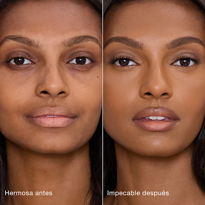 Antes y después de usar Airbrush Flawless Concealer en el tono 12 Tan-Deep Comparación paralela que muestra la piel antes y después de aplicar el corrector Charlotte Tilbury Airbrush Flawless Concealer con las etiquetas de texto "Preciosa antes", "Impecable después".