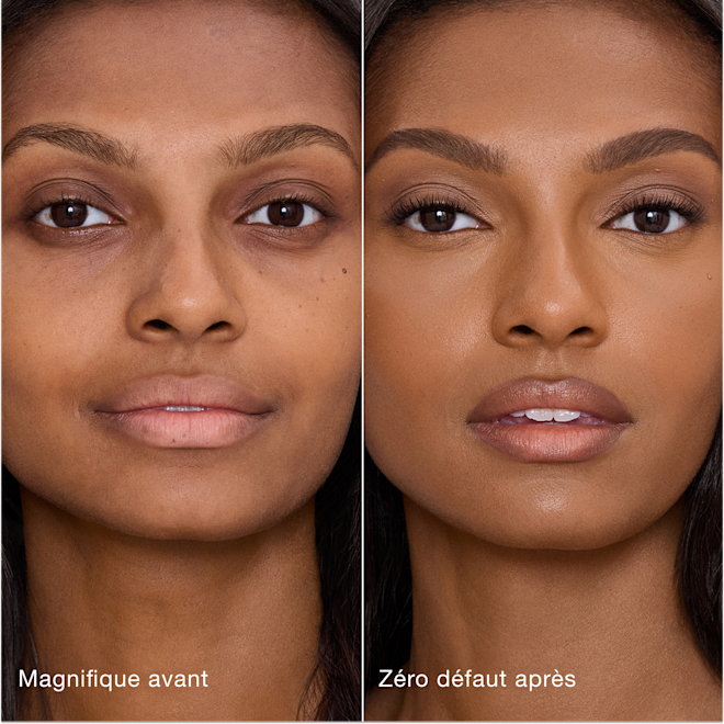 Avant/après Airbrush Flawless Concealer - 12 Tan/Deep (Medium à Foncé/Foncé) Comparaison côte à côte de la peau avant et après l'application de l'Airbrush Flawless Concealer de Charlotte Tilbury, avec les étiquettes de texte « Magnifique avant » et « Zéro défaut après ».
