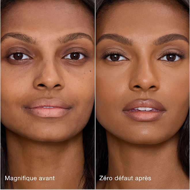 Avant/après Airbrush Flawless Concealer - 12 Tan/Deep (Medium à Foncé/Foncé) Comparaison côte à côte de la peau avant et après l'application de l'Airbrush Flawless Concealer de Charlotte Tilbury, avec les étiquettes de texte « Magnifique avant » et « Zéro défaut après ».