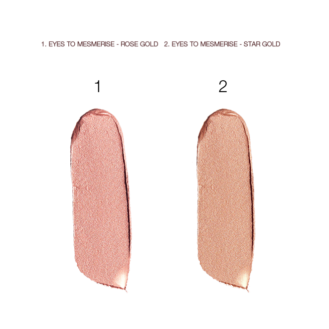 Eyes to mesmerise Rose Gold and star Gold swatches Swatches of two cream, shimmery eyeshadows in rose gold and tawny-gold colours.