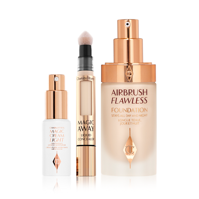 Magic Airbrush Complexion kit open Light face cream in a white-coloured bottle with a gold-coloured pump dispenser, concealer with a soft sponge-tip applicator, foundation in a glass bottle with a gold-coloured pump dispenser.