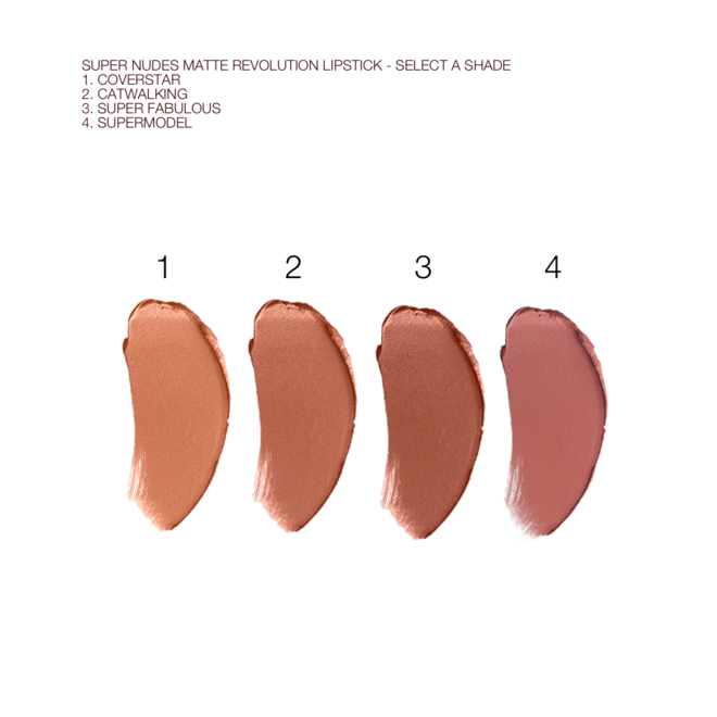 Supernudes Matte Revolution Lipstick swatches Swatches of four matte lipsticks in shades of nude peach, nude brown-peach, nude chocolate brown, and nude pinky brown.