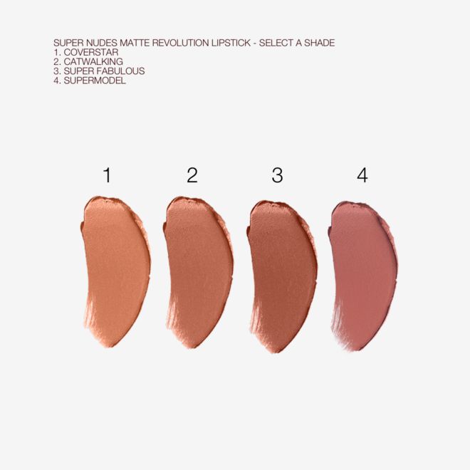 Supernudes Matte Revolution Lipstick swatches Swatches of four matte lipsticks in shades of nude peach, nude brown-peach, nude chocolate brown, and nude pinky brown.