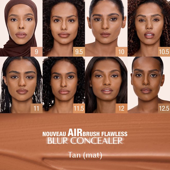 Airbrush Flawless Concealer - Famille de teintes Tan (Médium à Foncé) Tableau des teintes de l'Airbrush Flawless Blur Concealer de Charlotte Tilbury pour les peaux médium à foncées, montrant huit teintes étiquetées 9, 9.5, 10, 10.5, 11, 11.5, 12, et 12.5 avec le nom du produit et le texte de la catégorie tan (médium à foncé).