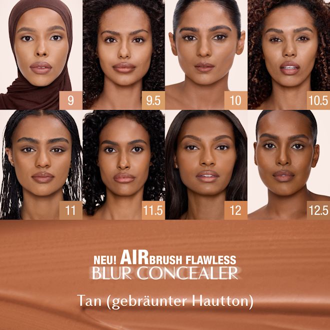 Airbrush Flawless Concealer – Farbfamilie Tan Charlotte Tilbury Airbrush Flawless Blur Concealer Farbpalette für Tan-Farbtöne, die acht Farben mit der Aufschrift 9, 9.5, 10, 10.5, 11, 11.5, 12 und 12.5 sowie Produktnamen und Text zur Tan-Kategorie enthält.