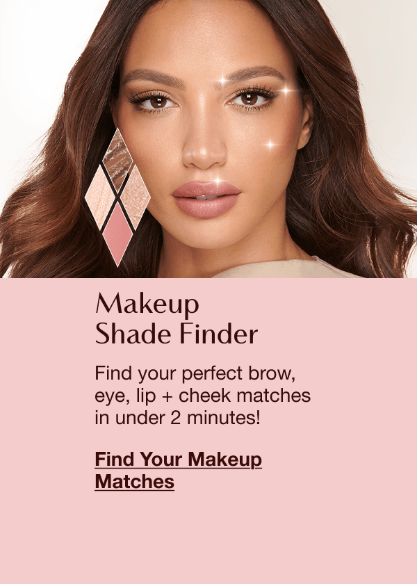 Makeup Shade Finder. Find your perfect brow, eye, lip + cheek matches in under 2 minutes! Makeup Shade Finder featuring a close-up of a person’s face with makeup and swatches, with text inviting users to find their perfect brow, eye, lip, and cheek matches in under 2 minutes.