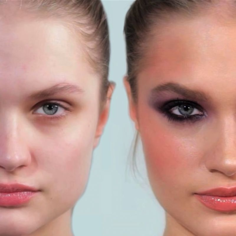 A before and after of a light-tone model with blue eyes wearing a purple smokey eye with a high-shine, coral lip gloss. 