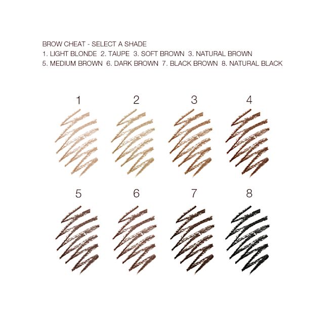 Brow Cheat Pencil swatches Swatches of eyebrow pencils in shades of light blonde, taupe, soft brown, natural brown, medium brown, dark brown, black brown, dark brown, and jet black.