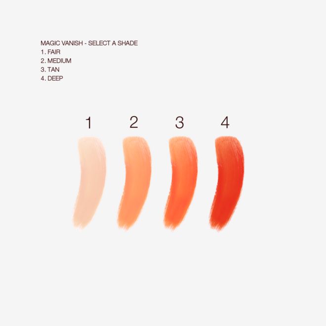 Magic Vanish swatches Swatches of four colour correctors in light peach, medium-peach, orange, and burnt orange colours.