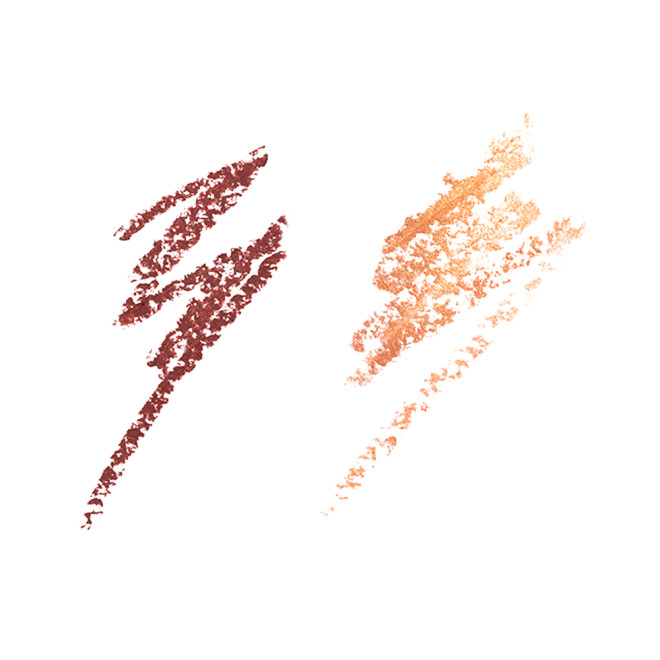 Swatches of two, matte and metallic eyeliners in warm-rust and copper colours. 