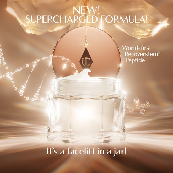 Magic Cream infographic - NEW! Supercharged formula A luxurious open jar of cream with a glowing, golden background. The product lid, featuring the Charlotte Tilbury logo, hangs above the jar as a swirl of cream peaks from the top. Text on the image highlights the ‘New! Supercharged Formula’ with a ‘world‑first Recoverstem Peptide,’ and a claim that 4 out of 5 users agree it feels like ‘a facelift in a jar.