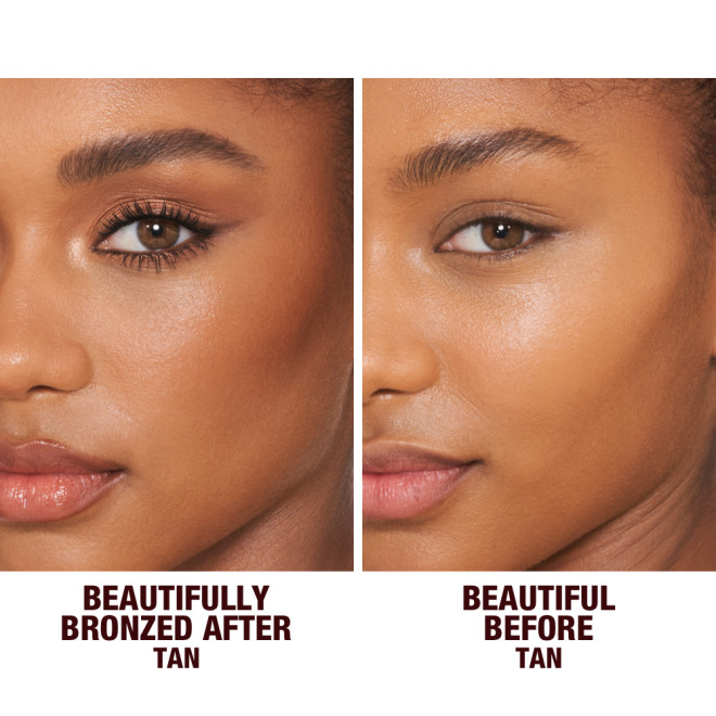 Before and after of a deep-tone brunette model without any makeup on one side and the same model wearing nude pink lip gloss with glowy, cream bronzed for a sculpted yet natural makeup look.