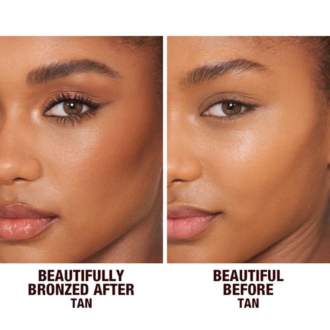 Beautiful Skin Sun-Kissed Glow Bronzer in Tan before and after Before and after of a deep-tone brunette model without any makeup on one side and the same model wearing nude pink lip gloss with glowy, cream bronzed for a sculpted yet natural makeup look.