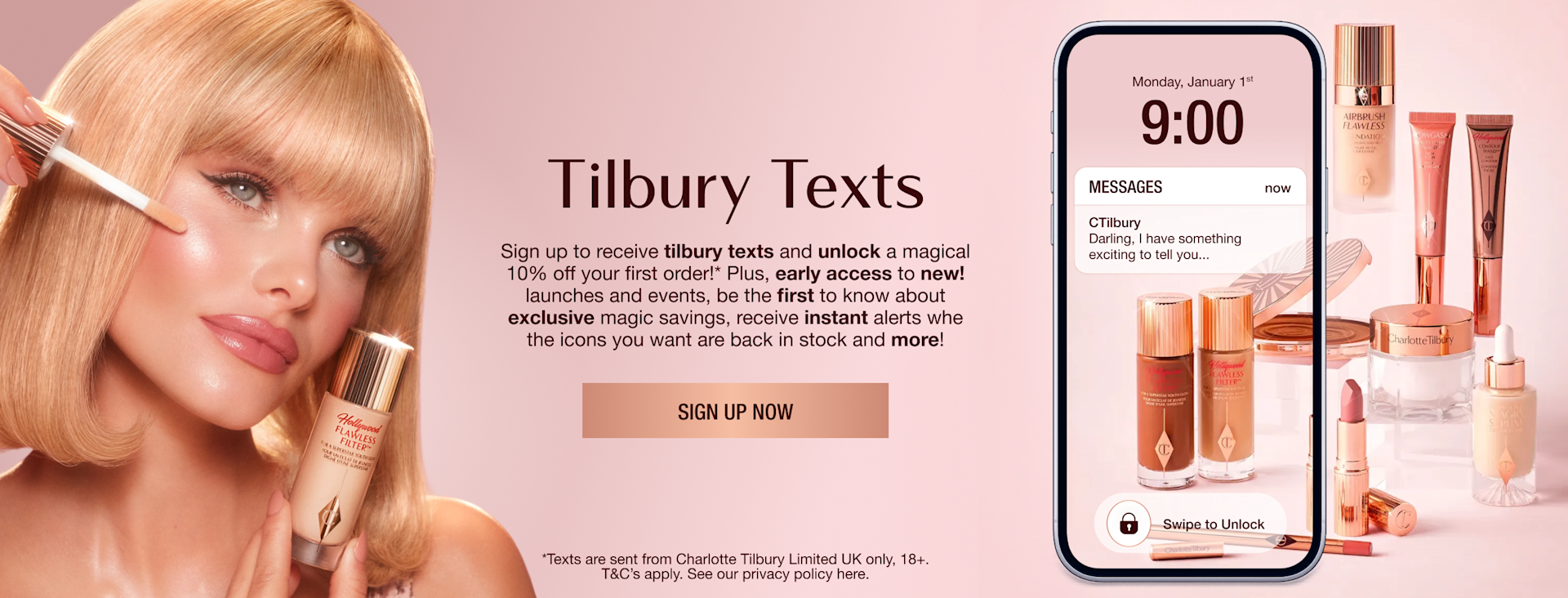Tilbury Texts banner Pink-coloured banner with a mobile phone with a text notification from team Tilbury along with text on the banner that reads, 'Tilbury texts! sign up now!'