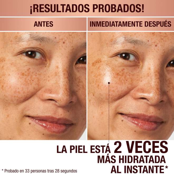 Antes y después de una modelo de piel clara sin ningún tipo de cuidado, por un lado, y con una crema facial luminosa que hace que su piel luzca tersa e hidratada, por el otro.