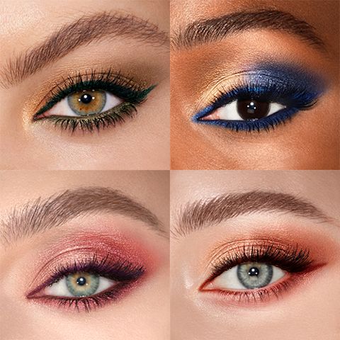 Eye close-up of four different models with hazel, brown, green, and blue eyes, wearing green and gold, blue and gold, rose gold and maroon, and copper and gold and brown smokey eye makeup.