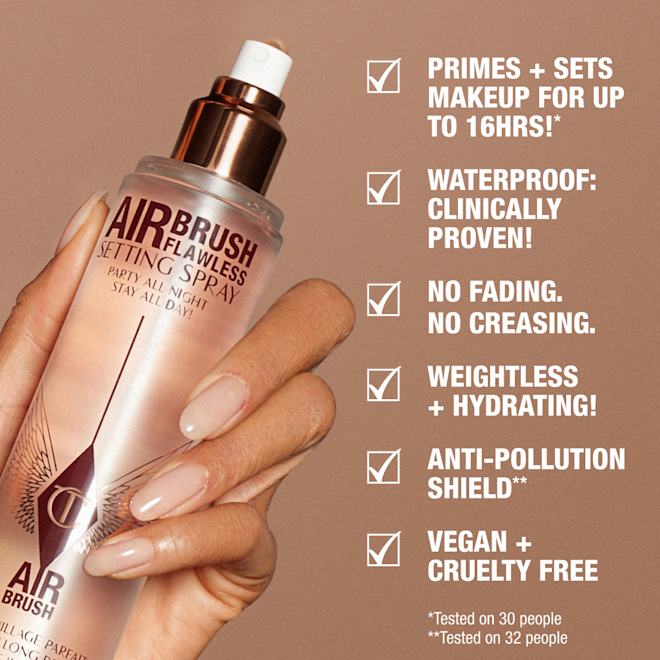 Airbrush Flawless Setting Spray infographic A hand holding a rose-gold bottle of Charlotte Tilbury Airbrush Flawless Setting Spray against a beige background. Text highlights product benefits: primes and sets makeup for up to 16 hours, waterproof, no fading or creasing, weightless and hydrating, anti-pollution shield, vegan and cruelty-free.