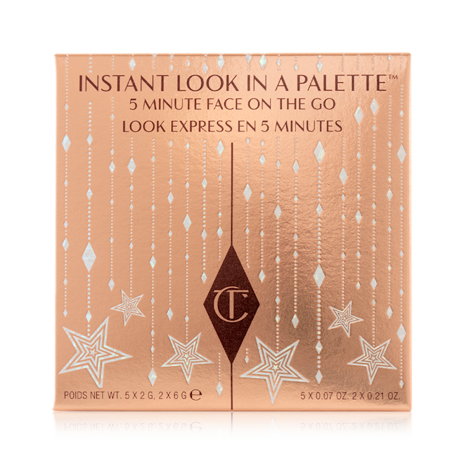 Instant Look in a Palette in Sunset Dreamscape sleeve Packaging sleeve of a face palette in rose-gold colour with text written on it that reads, 'instant look in a palette. 5-minute face on the go. Look express en 5 minutes' along with the iconic CT logo printed on it in dark brown and gold.