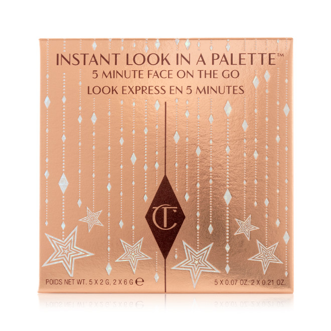 Packaging sleeve of a face palette in rose-gold colour with text written on it that reads, 'instant look in a palette. 5-minute face on the go. Look express en 5 minutes' along with the iconic CT logo printed on it in dark brown and gold.