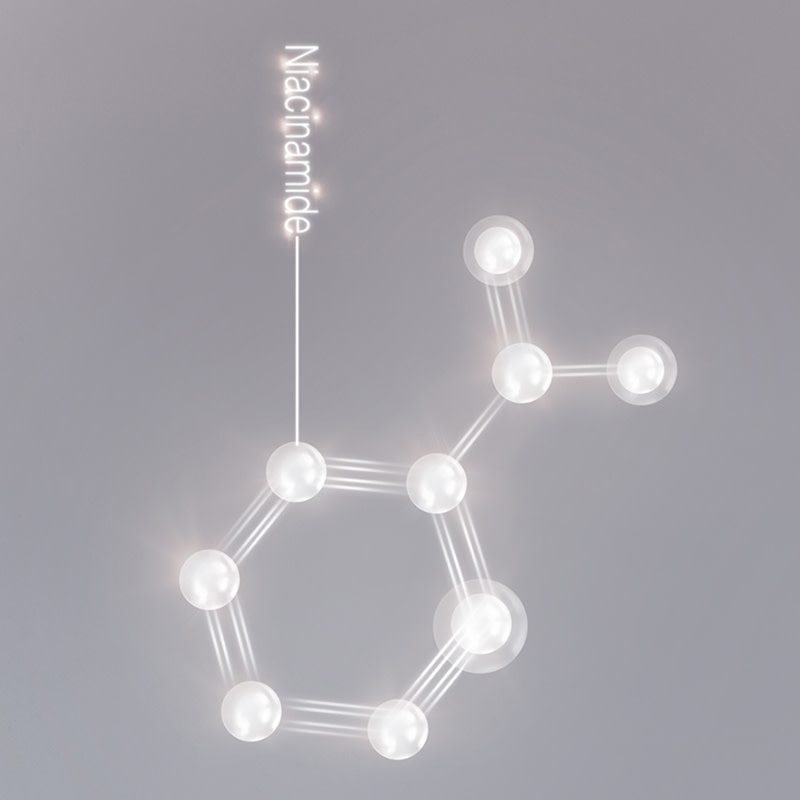 Glowing, pearly-white Niacinamide acid molecule.