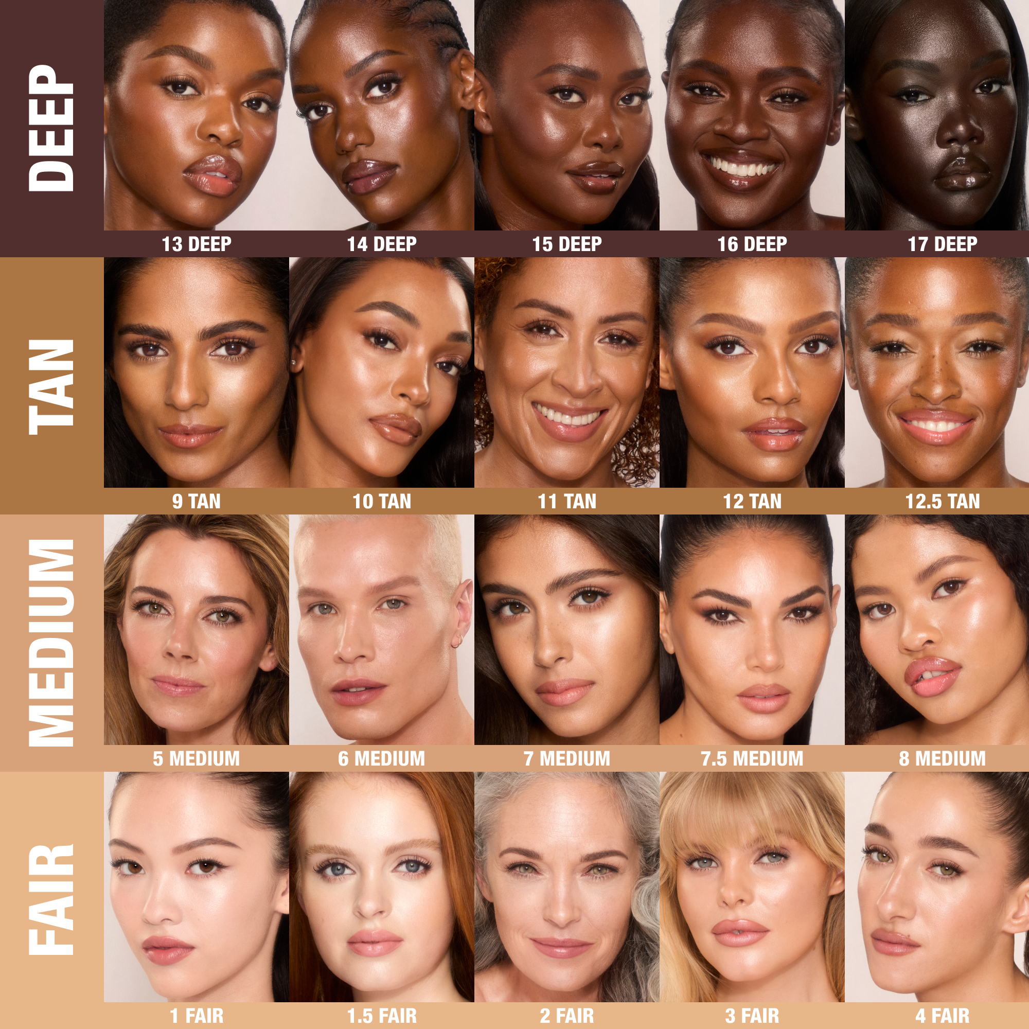 Choose your shade of stick foundation Fair, medium, tan and deep shades of Charlotte's stick foundation
