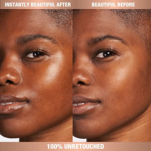 Before and after of a deep-tone model without any skincare on one side and wearing glowy face cream that makes her skin look plump and hydrated on the other side.