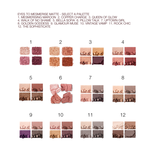 Luxury Palette collection swatches Swatches of twelve, quad eyeshadow palettes with matte and shimmery eyeshadows in shades of pink, gold, plum, brown, grey, peach, green, purple, red, and beige.