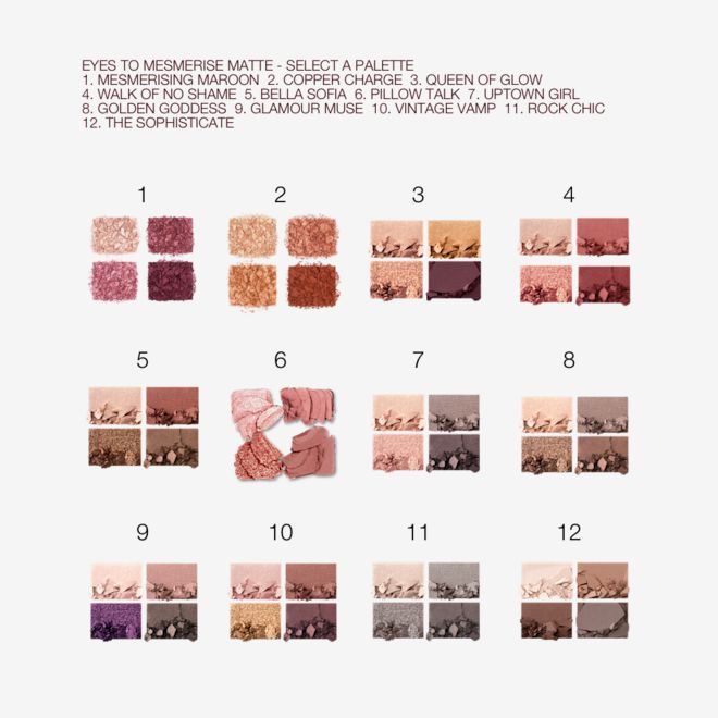 Luxury Palette collection swatches Swatches of twelve, quad eyeshadow palettes with matte and shimmery eyeshadows in shades of pink, gold, plum, brown, grey, peach, green, purple, red, and beige.