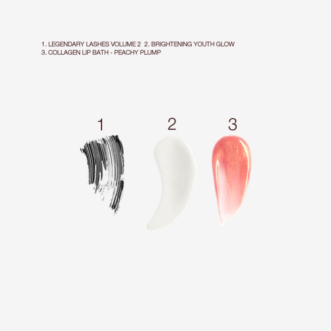 Your Magic Makeup Starter kit swatches Swatches of black-coloured mascara, pearly-white face cream, and nude pink high-shine lip gloss.