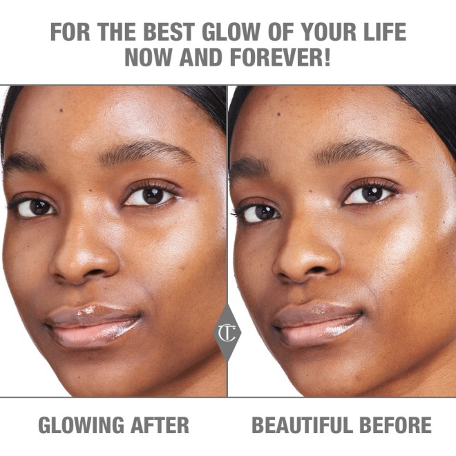 Before and after of a deep-tone model with no makeup and or skincare done in the before shot and glowy, luminous skin in the after shot after applying Glow toner.