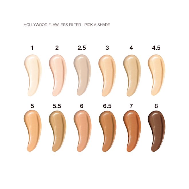 Hollywood Flawless Filter shades swatches Swatches of six, glowy primers ranging from ivory, peach, and beige to sand, light brown, medium brown, and dark brown for fair, light, medium-light, medium, medium-dark, and deep tones.