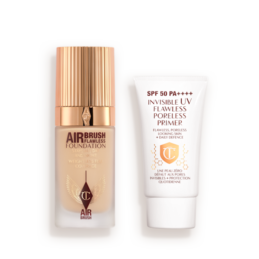 UV Primer and Airbrush Flawless Foundation closed A primer with SPF in a white coloured-tube with foundation in a frosted glass bottle with a gold-colorued lid.
