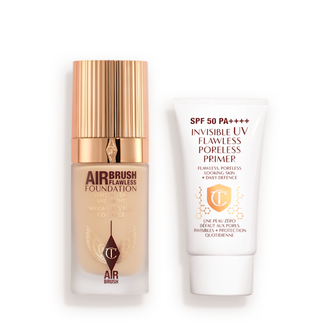 UV Primer and Airbrush Flawless Foundation closed A primer with SPF in a white coloured-tube with foundation in a frosted glass bottle with a gold-colorued lid.