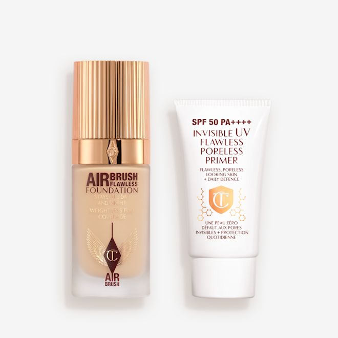UV Primer and Airbrush Flawless Foundation closed A primer with SPF in a white coloured-tube with foundation in a frosted glass bottle with a gold-colorued lid.