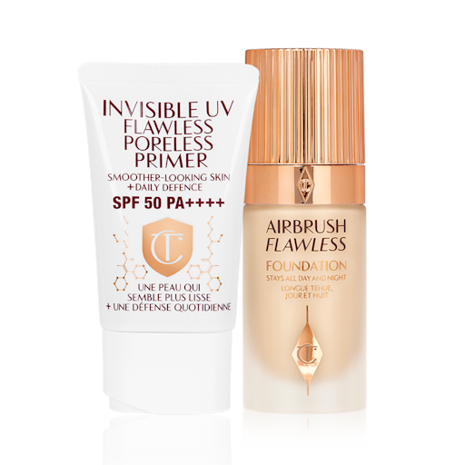 UV Primer and Airbrush Flawless Foundation closed A primer with SPF in a white coloured-tube with foundation in a frosted glass bottle with a gold-colorued lid.